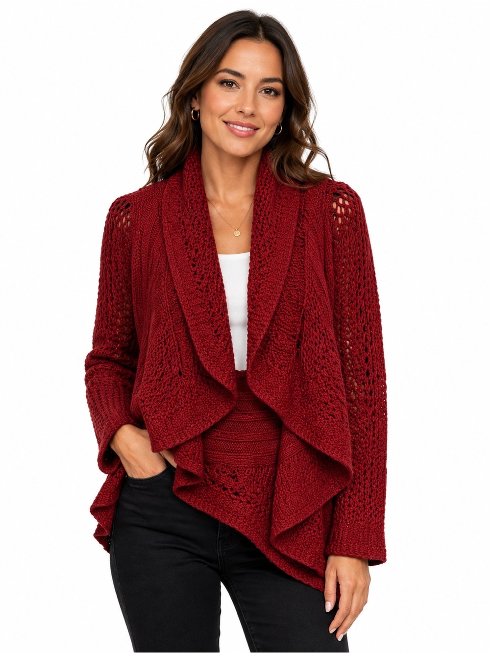 Dressbarn Women’s Red Draped Open-Front Knit Cardigan